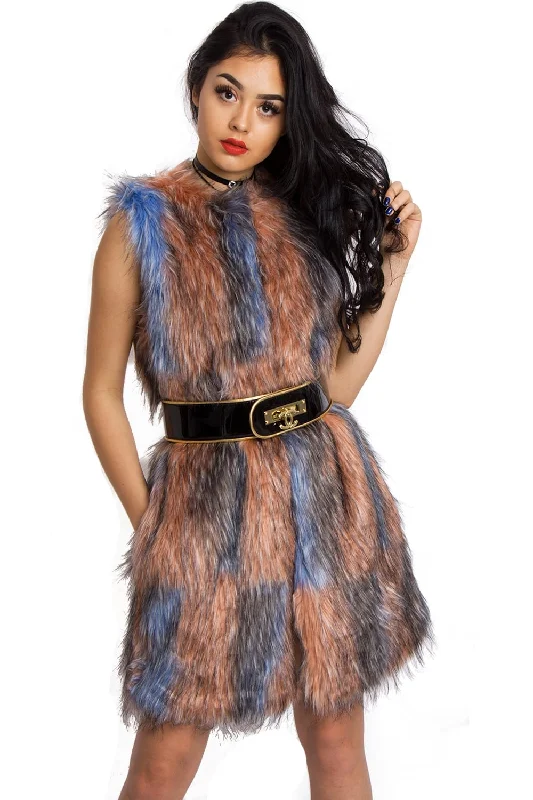 Longline Multi Colour Peach/Baby Blue Patchwork Faux Fur Gilet Waistcoat Jacket