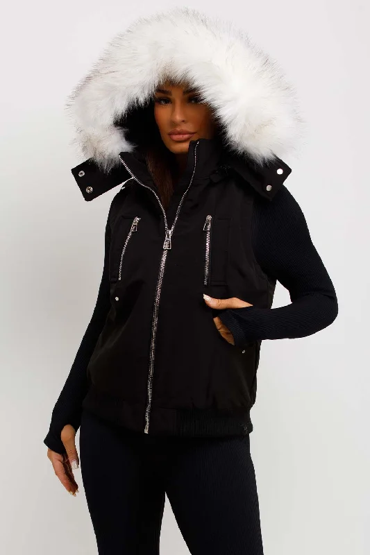 Black Gilet With Faux Fur Hood