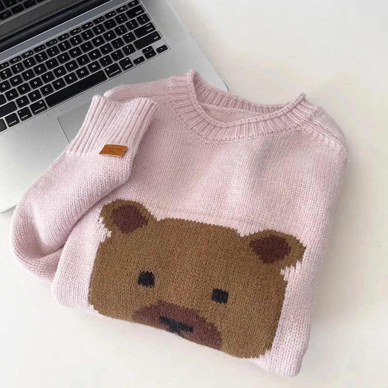 Fashionable casual cartoon bear jacquard round neck long-sleeved knitted sweater    S4743