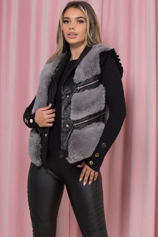 Faux Fur Faux Leather Gilet Grey