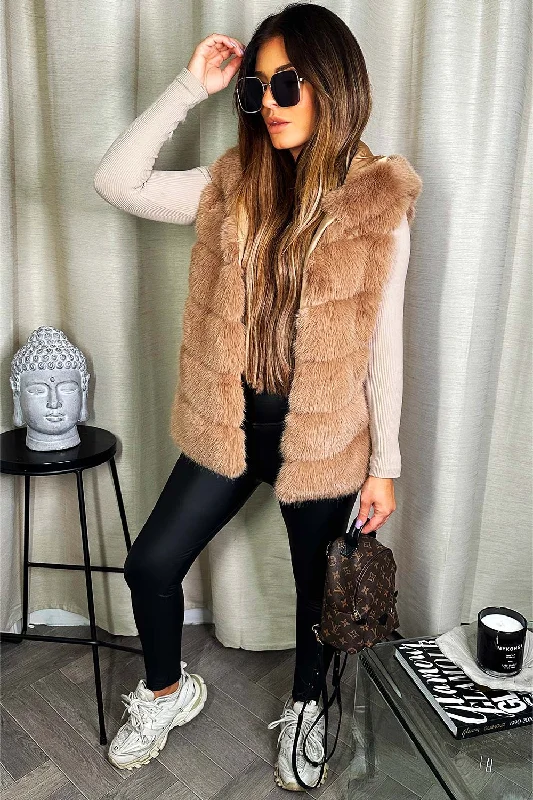 Faux Fur Hooded Gilet Beige