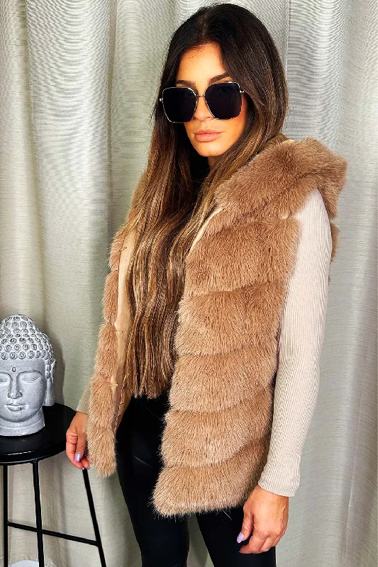 Faux Fur Hooded Gilet Beige