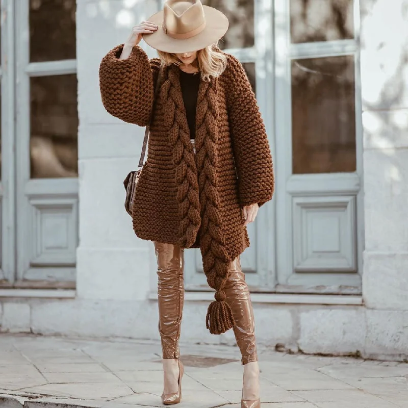 Luxury Fringed Side Slit Long Sleeve Cable Knit Cardigan - Coffee