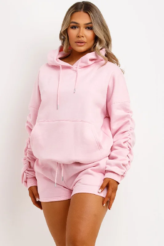 Short Tracksuit With Ruched Sleeve Hoodie Pink