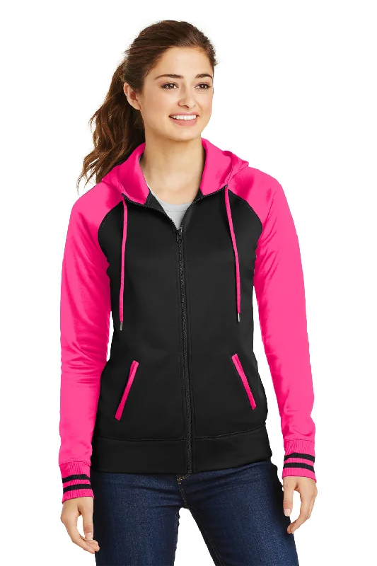 Sport-Tek Womens Sport-Wick Moisture Wicking Fleece Hooded Sweatshirt Hoodie - Black/Neon Pink