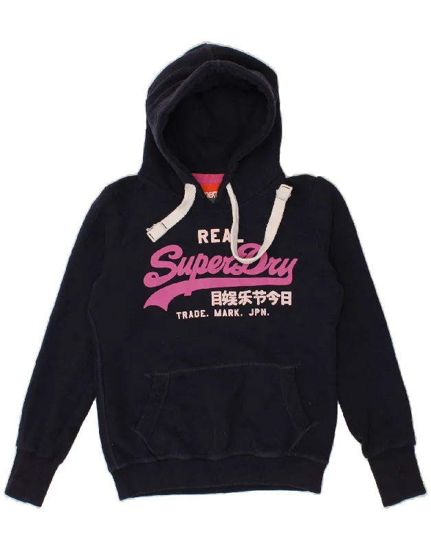 SUPERDRY Womens Graphic Hoodie Jumper UK 14 Medium Navy Blue Cotton