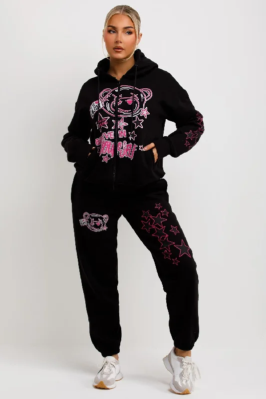 Tracksuit With Graphics Zip Through Hoodie And Joggers Set Black