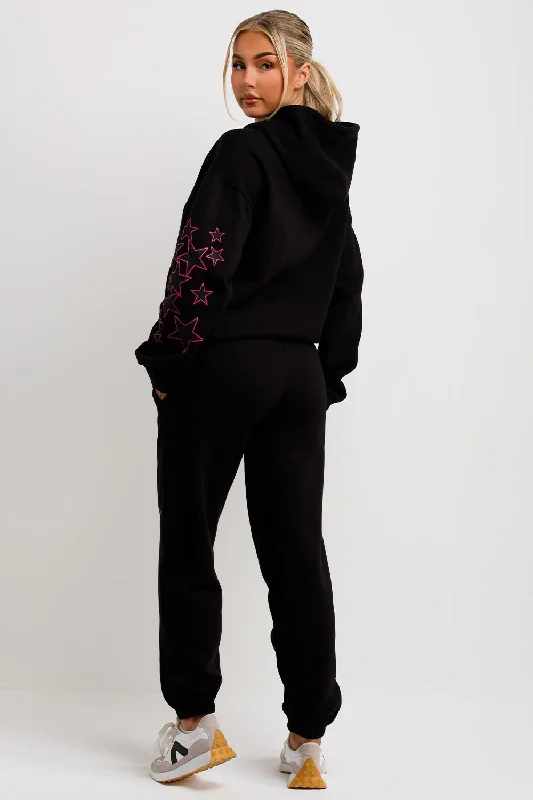 Tracksuit With Graphics Zip Through Hoodie And Joggers Set Black