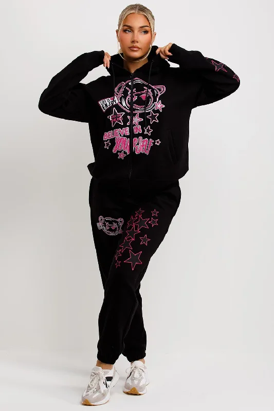 Tracksuit With Graphics Zip Through Hoodie And Joggers Set Black