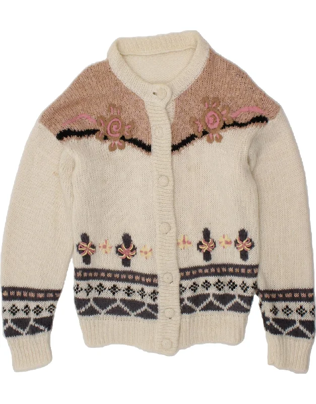 VINTAGE Womens Cardigan Sweater UK 14 Large Off White Fair Isle Wool