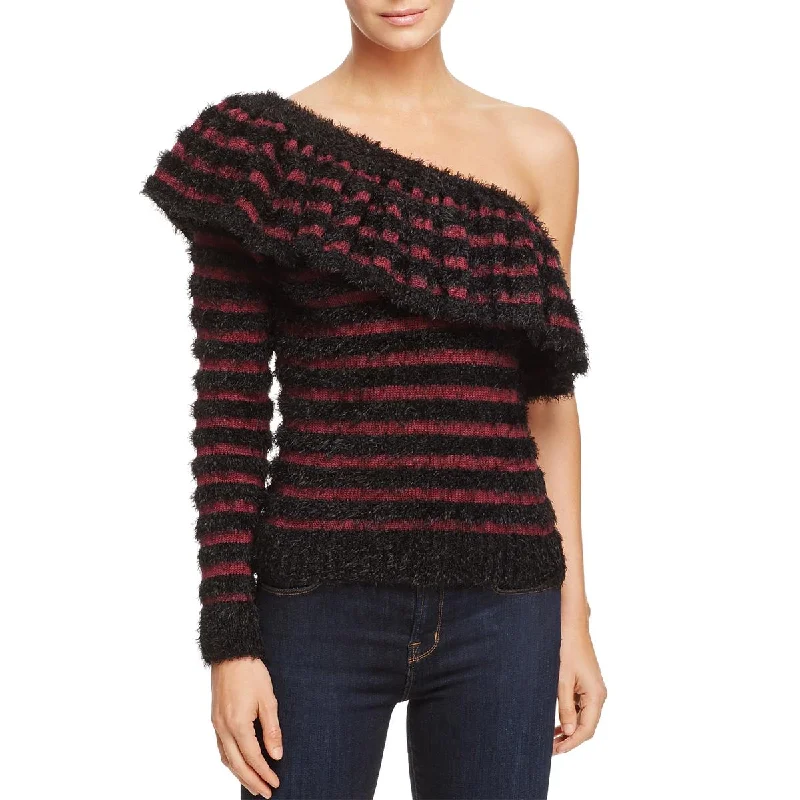 Wayf Johnie Women's Ruffled Shadow Stripe One Shoulder Sweater