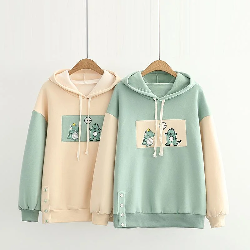 Women's Kawaii Little Dinosaur Crocodile  Contrast Color Hoodies