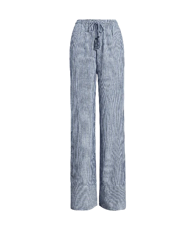 Pinstripe Linen Wide-leg Pant - Blue