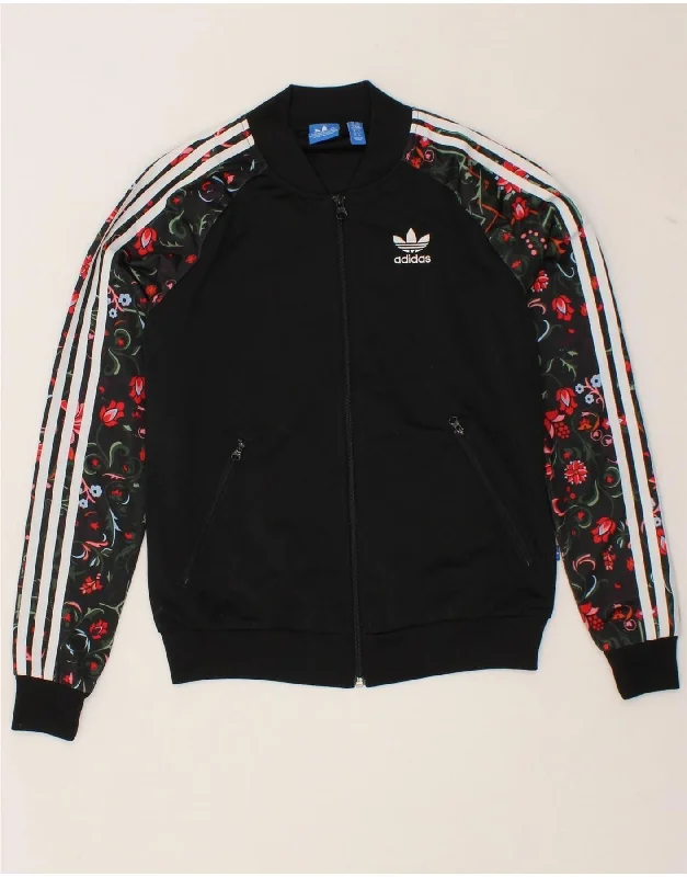 ADIDAS Womens Graphic Tracksuit Top Jacket UK 6 XS Black Floral