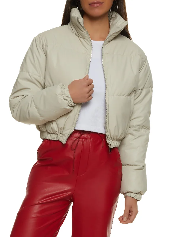 Faux Leather Zip Front Cropped Puffer Jacket