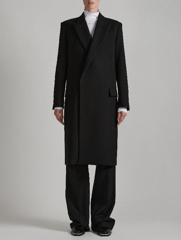 Black double gabardine overcoat