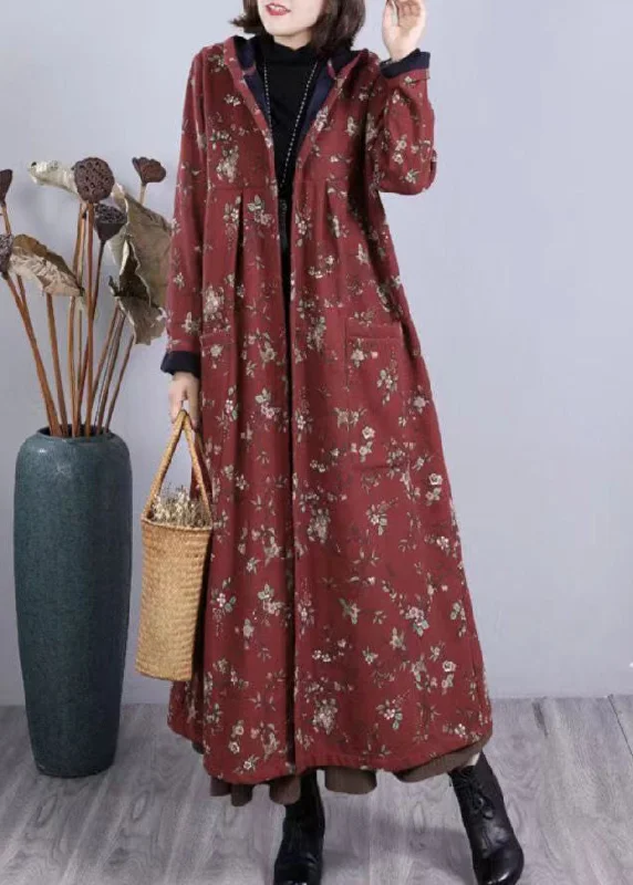 Boho Red Print Pockets Patchwork Warm Fleece Hooded Coat Winter