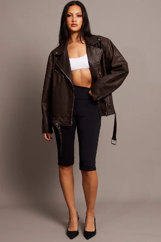 Brown Biker Jacket Faux Leather Oversized