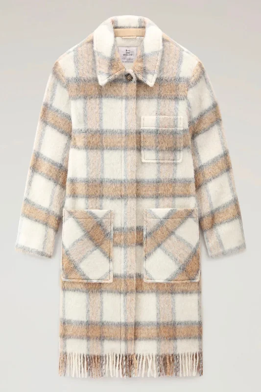 Brushed Wool Long Overshirt with Fringe Cream Check