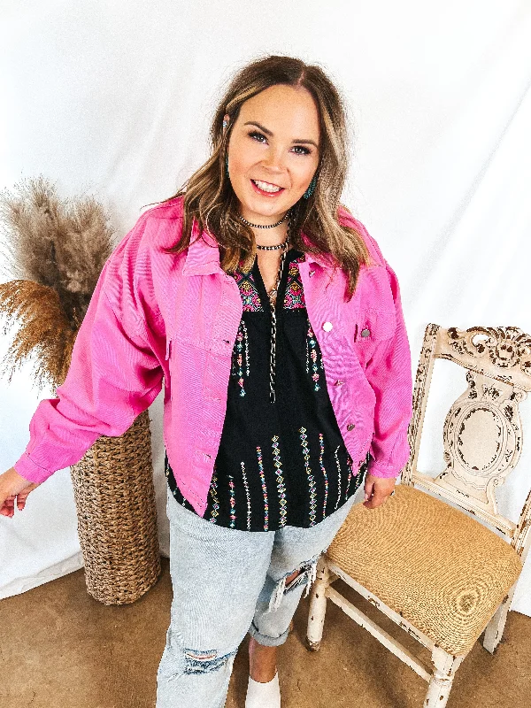 Very Confident Button Up Cropped Denim Jacket in Hot Pink