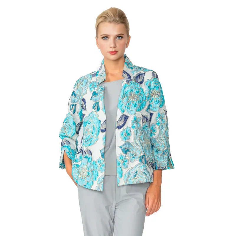 Just In! IC Collection Floral Embroidered Open Front Jacket in Blue/Multi - 6099J-BLU