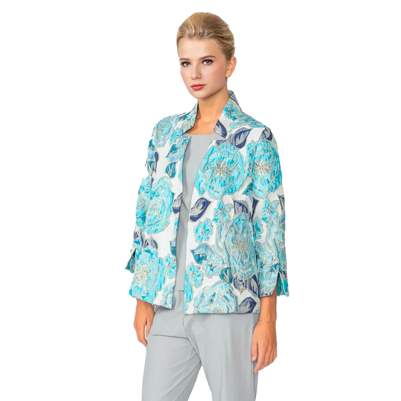 Just In! IC Collection Floral Embroidered Open Front Jacket in Blue/Multi - 6099J-BLU