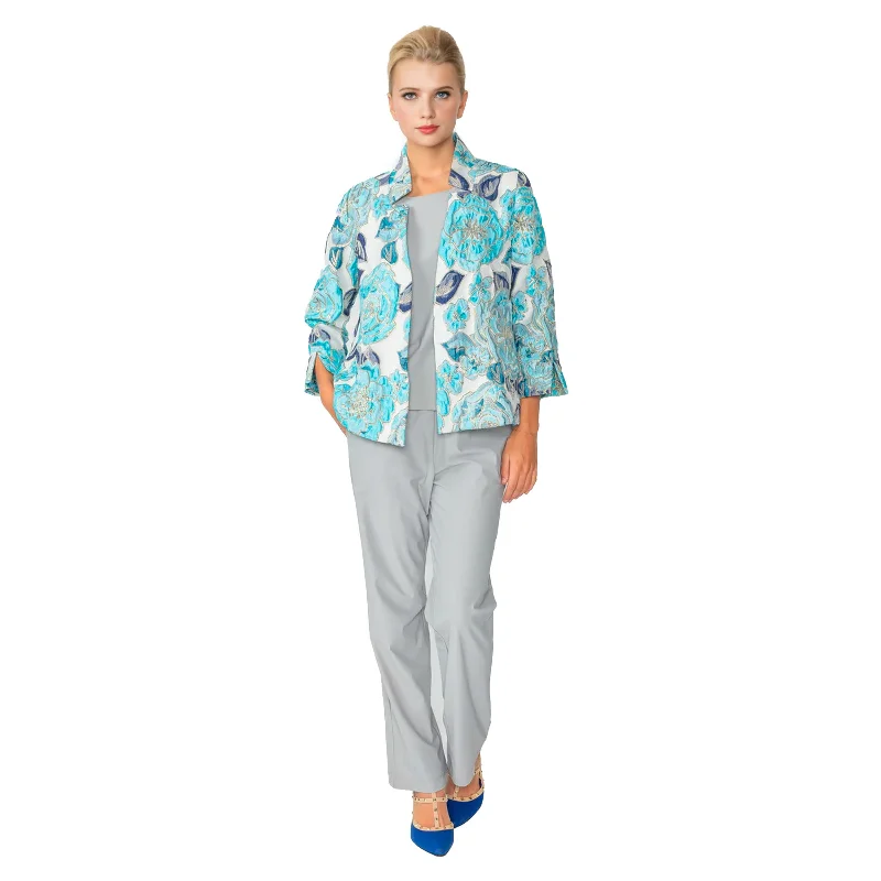 Just In! IC Collection Floral Embroidered Open Front Jacket in Blue/Multi - 6099J-BLU