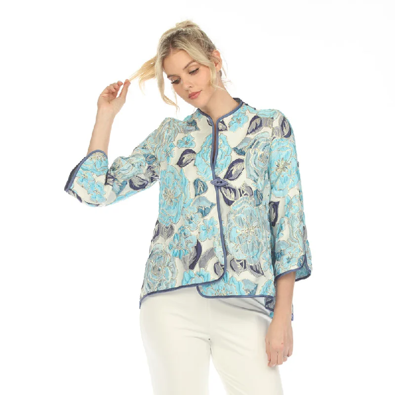 Just In! IC Collection Floral Embroidered Open Front Jacket in Blue/Multi - 6099J-BLU