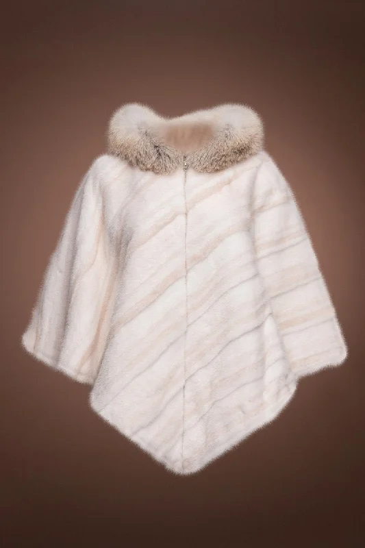 Diagonal Pearl Cross & White Mink Fur Poncho - Fox Trimmed Hood