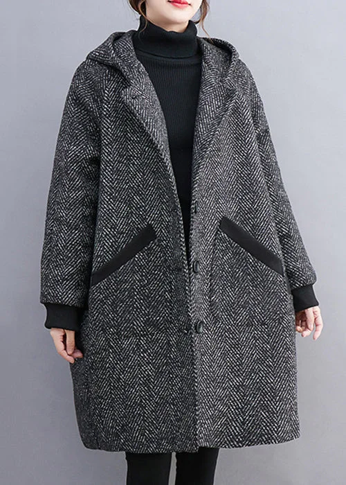 French Grey Hooded Button Pockets Thick Woolen Coats Winter