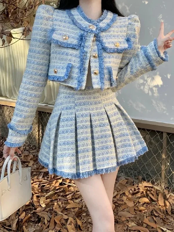 High Quality Tassel Small Fragrance Tweed 2 Piece Set Women Short Jacket Coat + Skirt Sets Korean Fashion Sweet Two Piece Suits