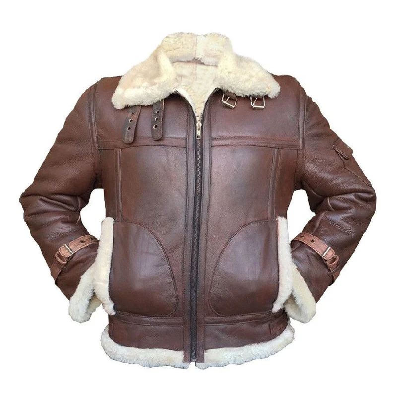 Men's Brown Bomber B-3 Sheepskin Leather Shearling Jacket