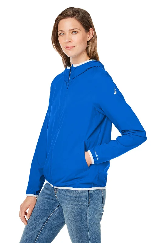 Nautica Womens Stillwater Water Resistant Full Zip Hooded Windbreaker Jacket - Royal Blue