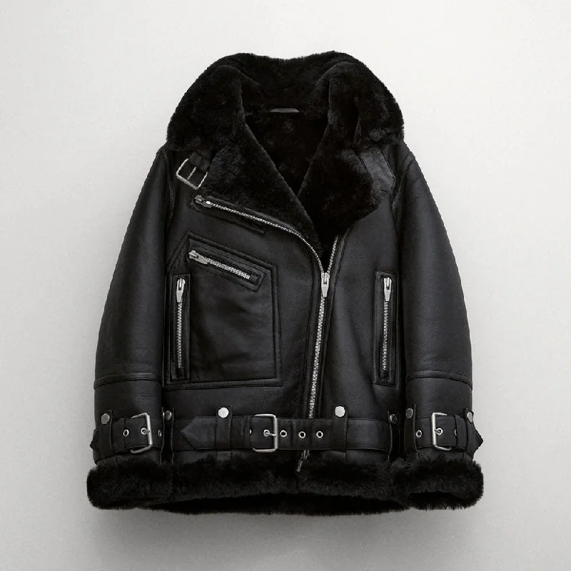 New Women Black B3 Aviator Styled  Shearling Leather Jacket