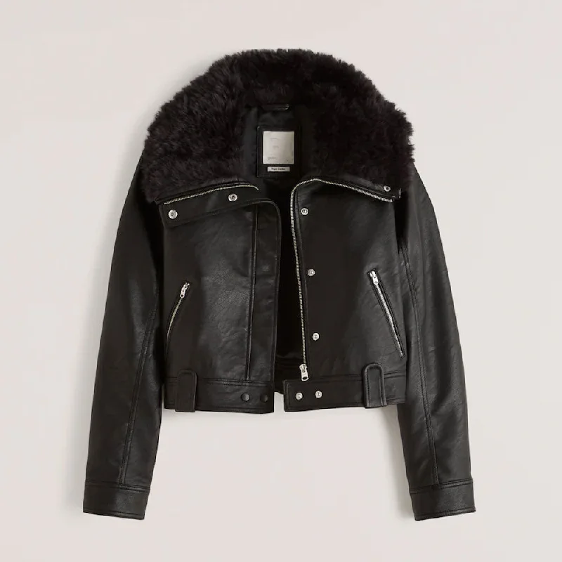 New Women Black Sheepskin Shearling Aviator  Leather Jacket