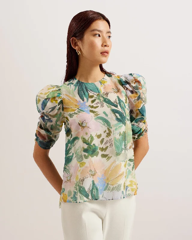 Oasia Pleated Puff Sleeve Floral Print Top Ivory