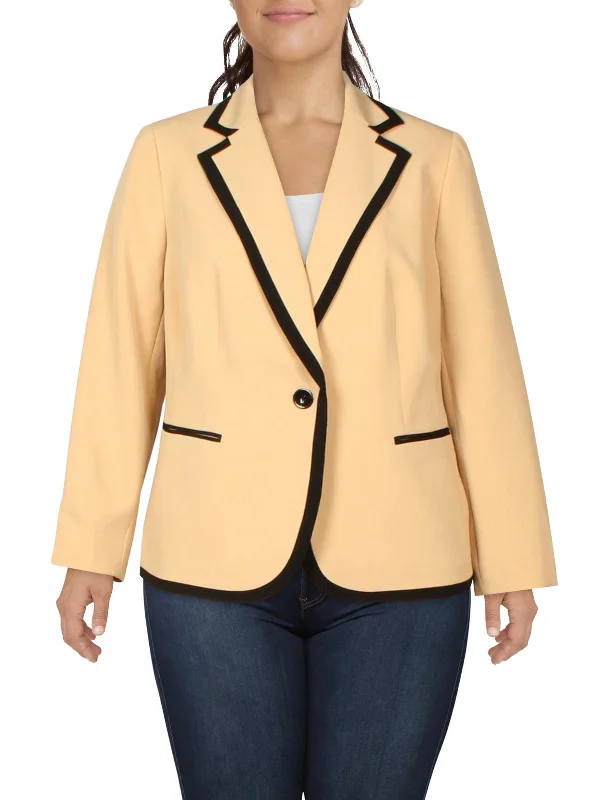 Plus Womens Woven Contrast Trim One-Button Blazer