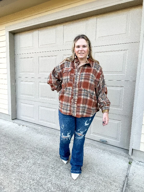 Coffee At Sunrise Button Up Plaid Shacket with Long Sleeves in Rust Brown