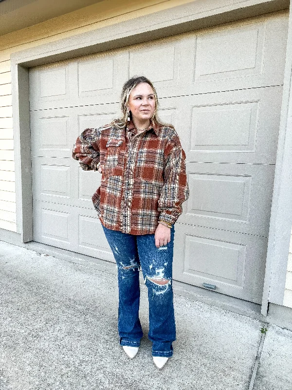 Coffee At Sunrise Button Up Plaid Shacket with Long Sleeves in Rust Brown