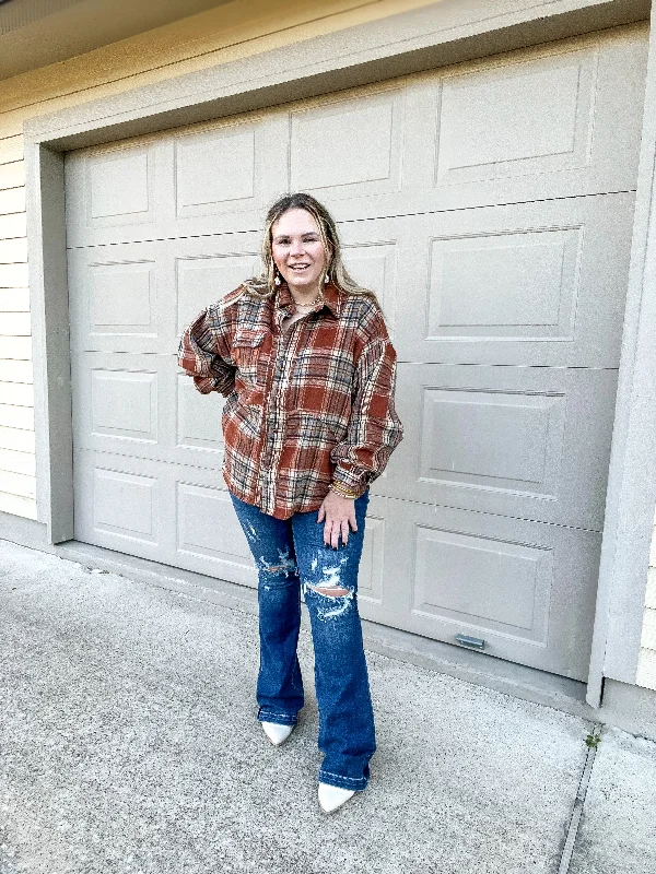 Coffee At Sunrise Button Up Plaid Shacket with Long Sleeves in Rust Brown