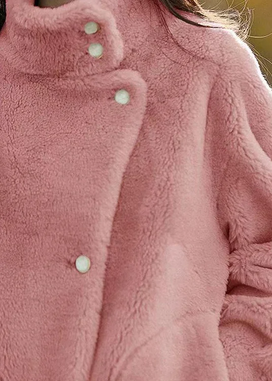 Simple Pink Stand Collar Pockets Patchwork Woolen Jackets Winter