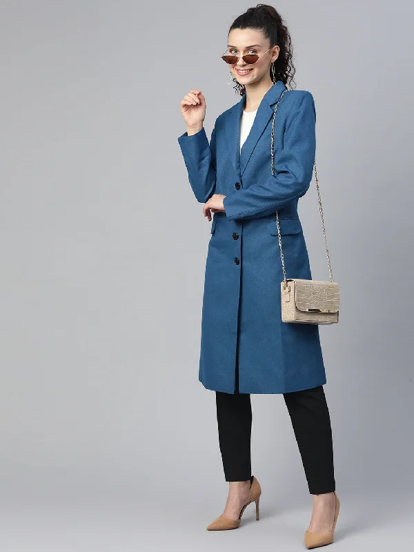 Solid Tweed Over Coat - Teal Blue