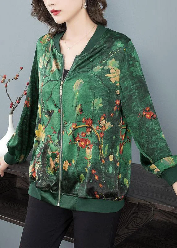 Top Quality Green O-Neck Print Zip Up Silk Coats Long Sleeve