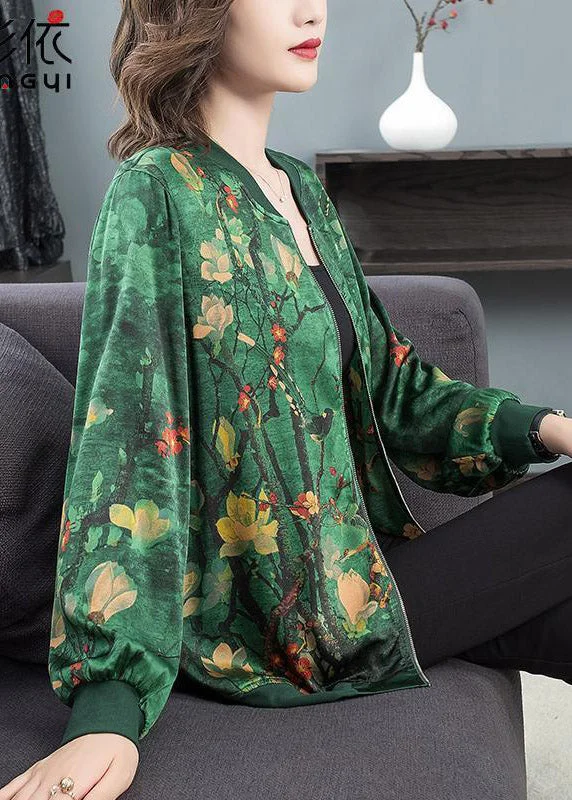 Top Quality Green O-Neck Print Zip Up Silk Coats Long Sleeve