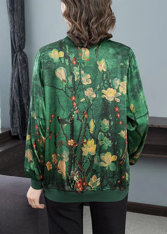 Top Quality Green O-Neck Print Zip Up Silk Coats Long Sleeve