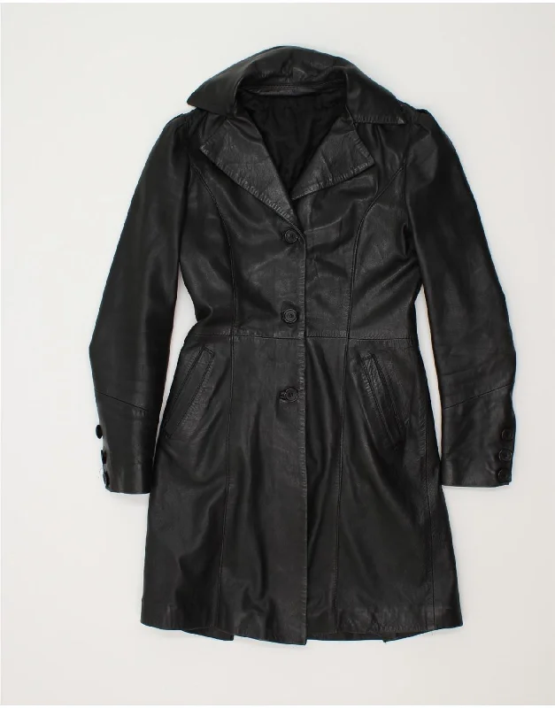 VINTAGE Womens Leather Coat IT 40 Small Black Leather