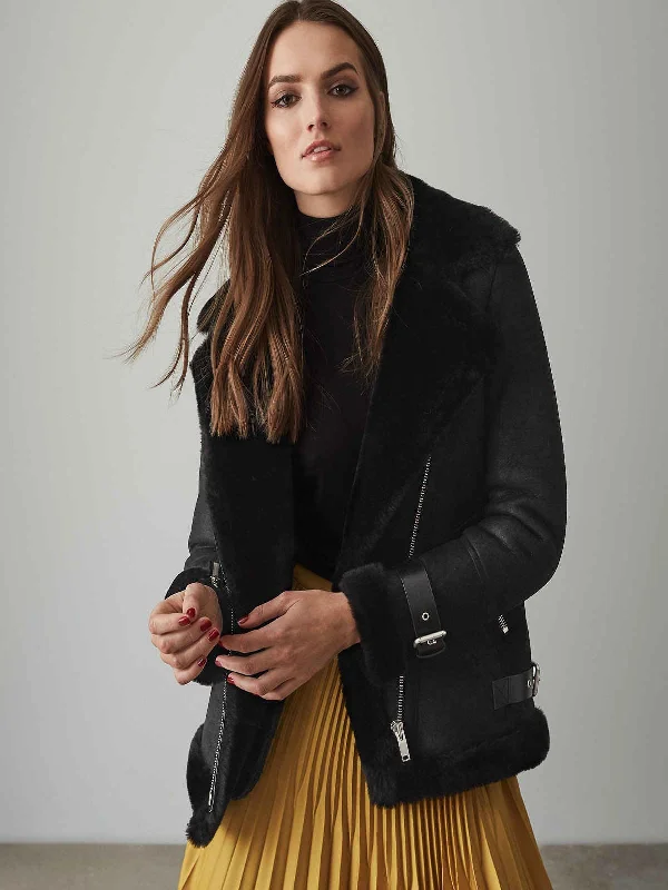 Women Black Shearling Leather Jacket