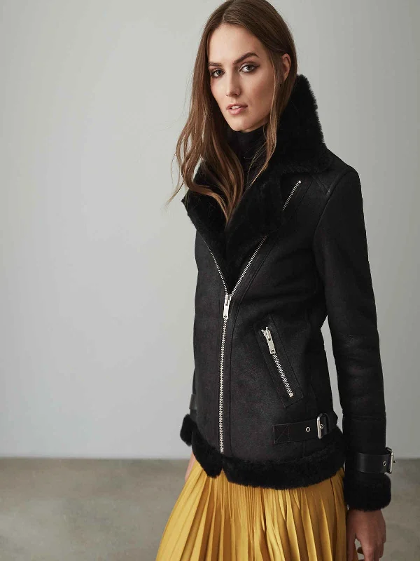 Women Black Shearling Leather Jacket