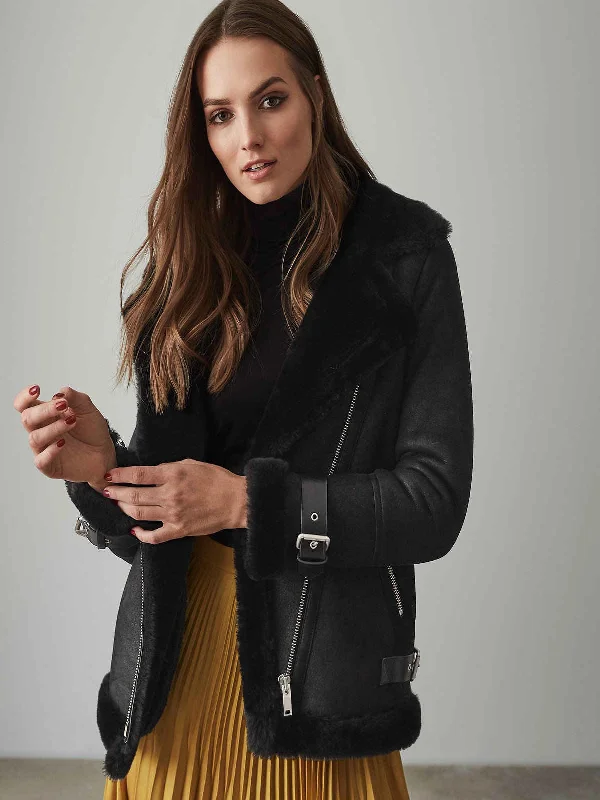 Women Black Shearling Leather Jacket