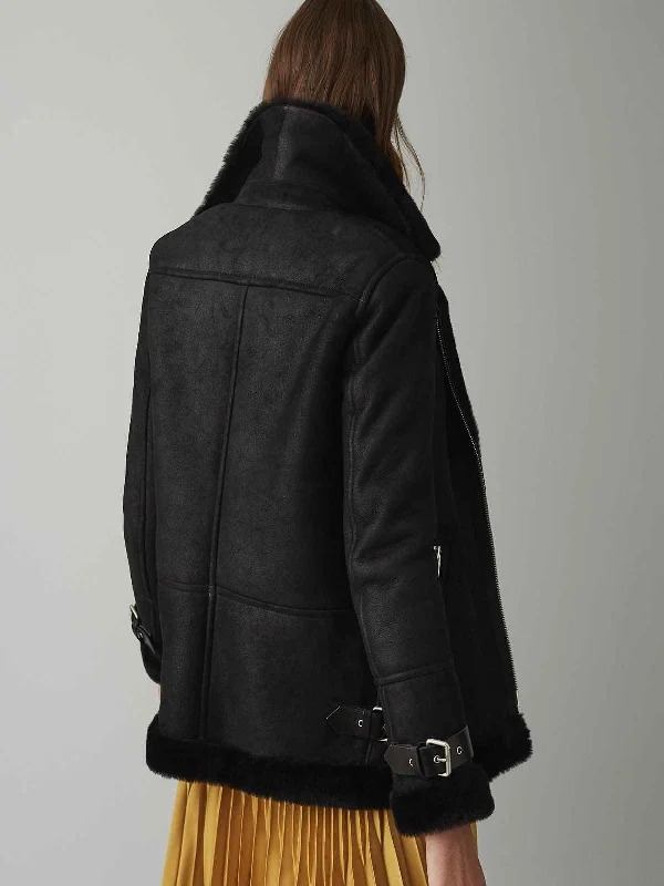 Women Black Shearling Leather Jacket